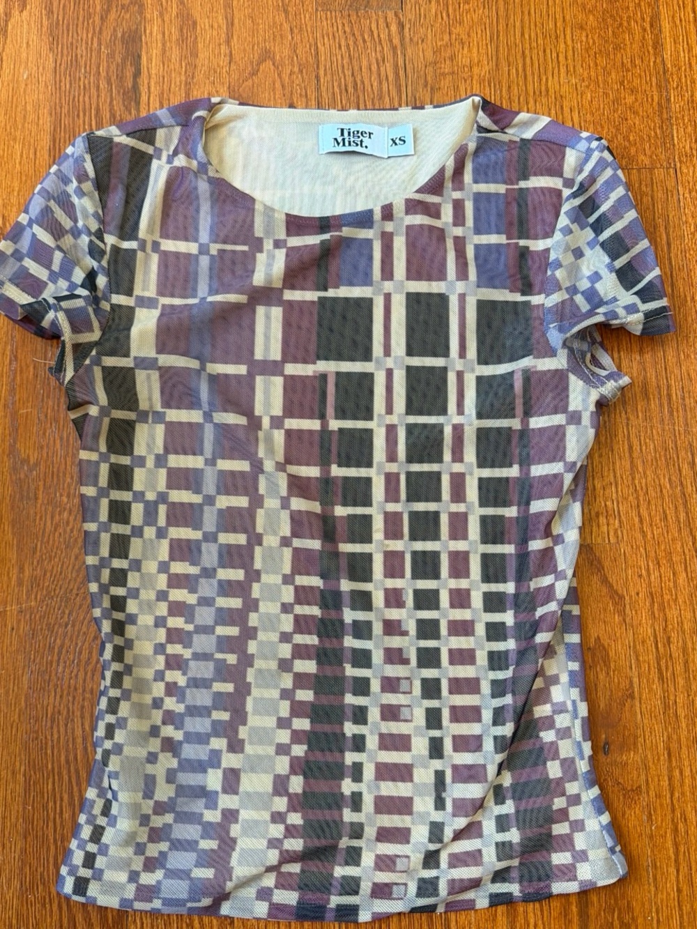 Tiger Mist Purple and Black Geometric Mesh Short Sleeve Top
